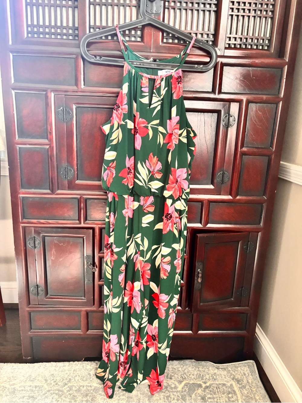 Green Floral Halter Jumpsuit with Pink Blooms